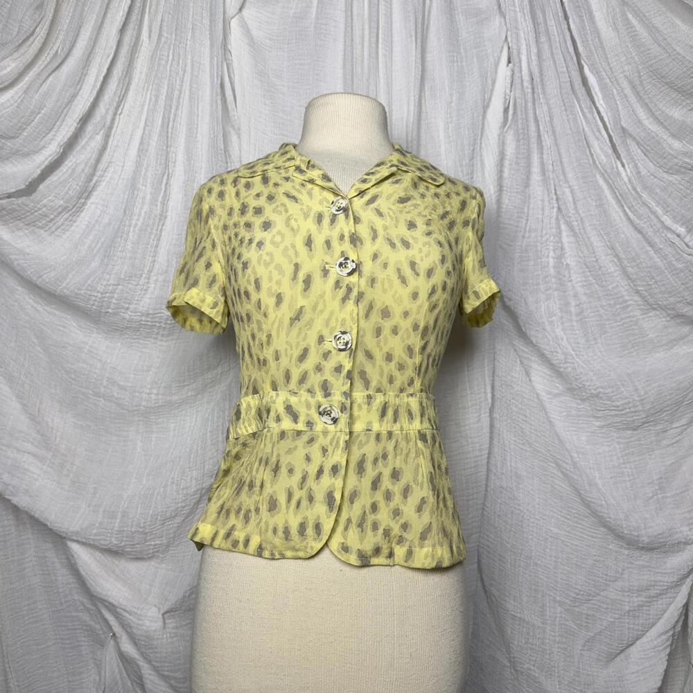 Vintage Y2k Indie Yellow Leopard Print Button-Up Blouse Size 38